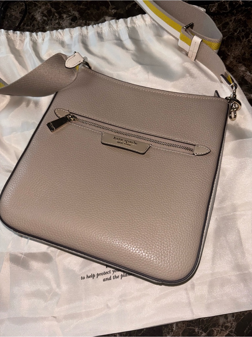 Kate Spade - Pebbled Leather Crossbody in Taupe with Yellow-Striped Strap - Picture 6 of 9